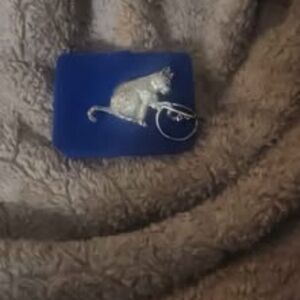 Vintage 925 silver stamp  Mexico Stamped Cat and Dangling Fish Brooch